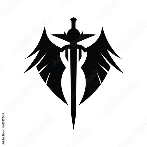 black silhouette stylized wings sword emblem heraldic