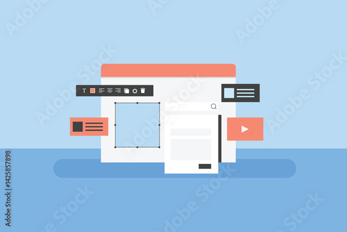 Page Builder application, Website builder concept, No code website builder, Building website pages with blocks, text holders, image and media.