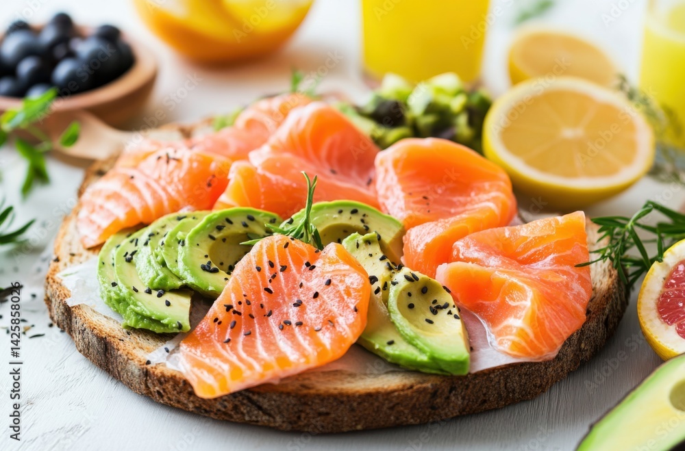 Opulent breakfast spread featuring smoked salmon, Opulent breakfast spread featuring smoked salmon,