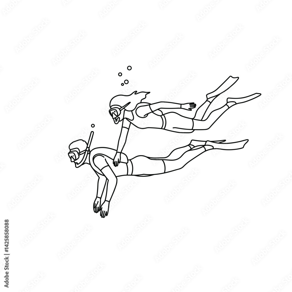 Fototapeta premium Diving couple exploring underwater scene in minimalistic style 