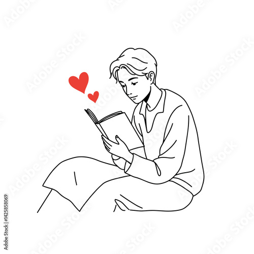 Young person reading a book with love hearts background  