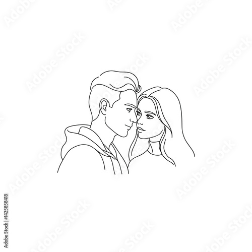 Couple gazing tenderly at each other in minimalist line art  