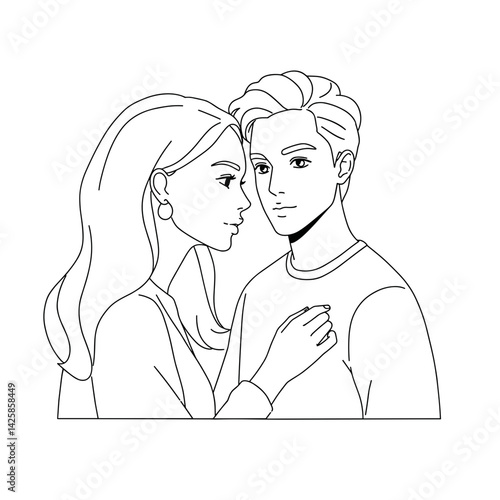 Romantic couple embracing in line art style on white background  