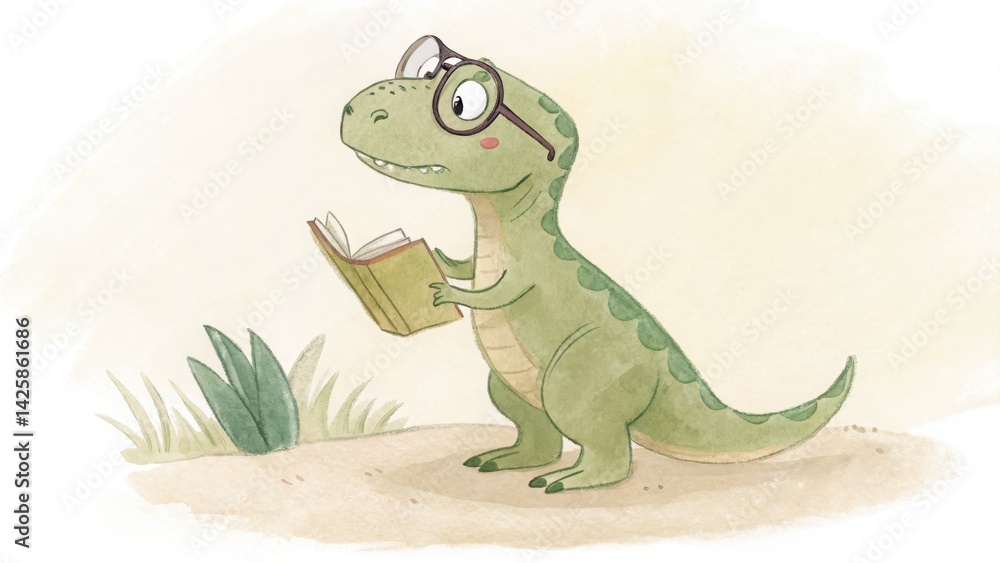 Naklejka premium Adorable cartoon dinosaur wearing round glasses, holding an open book and reading attentively in a soft pastel environment.