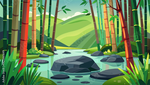 Serene Bamboo Forest Illustration with Pond, Path, and Sunrise – Peaceful Nature Scene