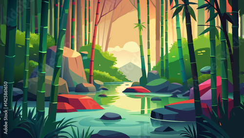 Serene Bamboo Forest Illustration with Pond, Path, and Sunrise – Peaceful Nature Scene
