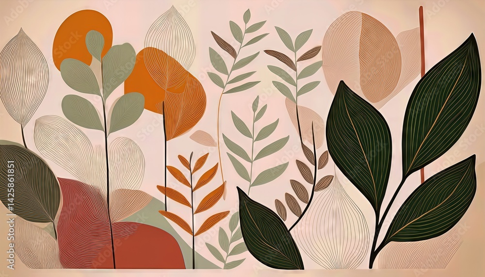 Fototapeta premium Vibrant Abstract Foliage Poster Illustration A Lush Tropical Jungle of Colors and Shapes, Emphasizing the Mystique and Energetic Allure of Natures Complexity.