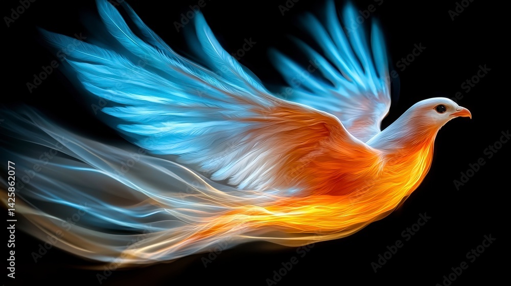 Fiery Abstract Bird in Flight Glowing Orange and Blue Feathers Against Dark Background Fiery Abstract Bird in Flight Glowing Orange and Blue Feathers Against Dark Background