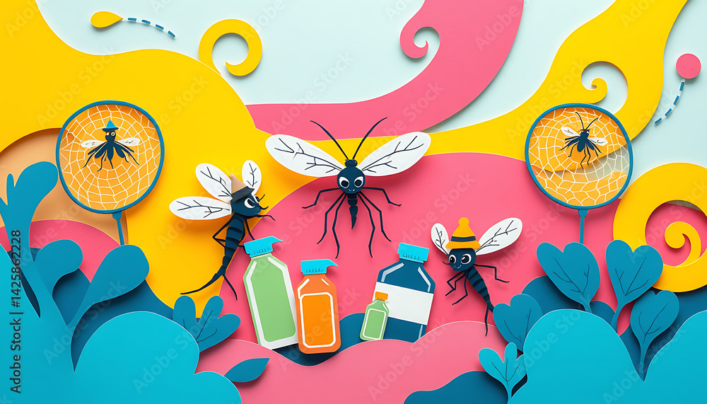 Naklejka premium Vibrant 3D Paper Craft Illustration of Cute Mosquitoes with Colorful Insect Repellent Bottles, Nets, and Whimsical Leaves Against a Bright Yellow and Pink Background