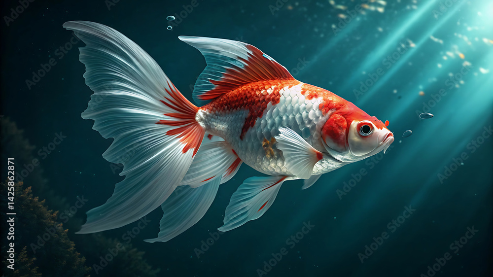 Fototapeta premium Photorealistic Goldfish with Flowing Fins in Cinematic Underwater Scene