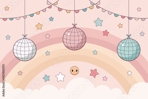 Hanging Disco Balls with Rainbow Background
