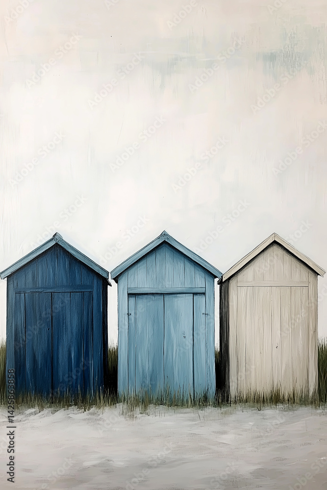 Fototapeta premium Three beach huts in coastal colors isolated on white