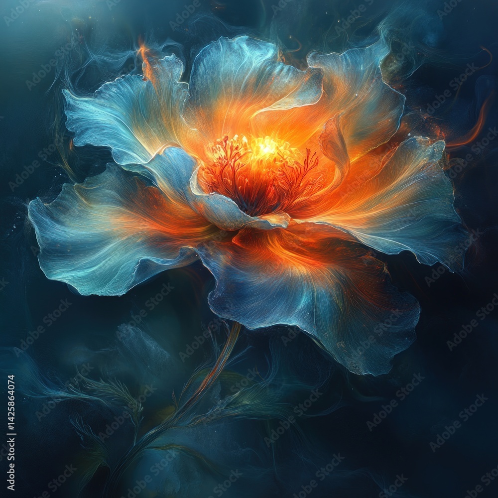 Obraz premium Abstract digital art showing a glowing flower-like shape with blue and orange colors.