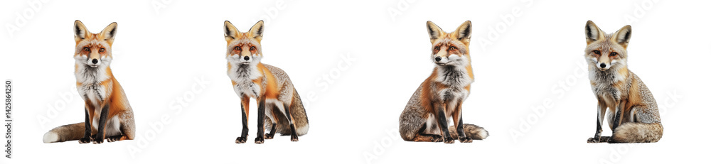 Fototapeta premium Four european red foxes sitting in a row displaying natural postures, cut out - stock png.