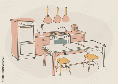 Vintage Kitchen Interior Design with Retro Appliances and Rustic Table