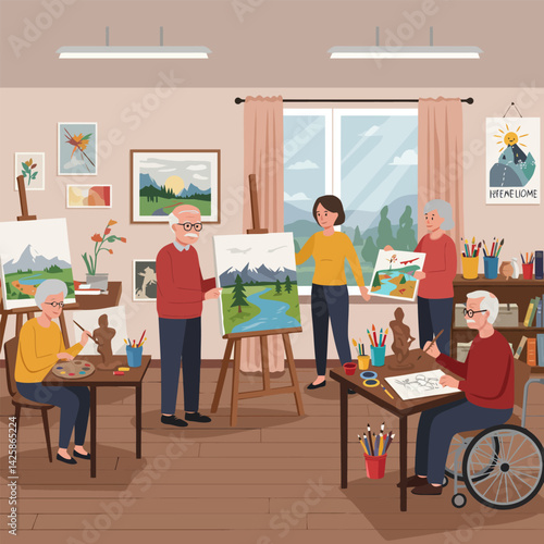 Seniors Enjoying Art Class Painting and Sculpting Together Indoors