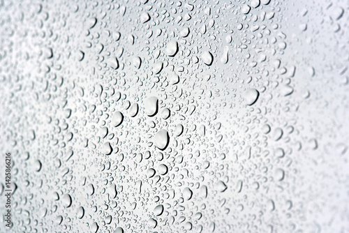 Macro closeup of raindrops scattered across a smooth surface with crystal clear detail showing each droplet's natural shape and texture on calm wet day. Selective focus