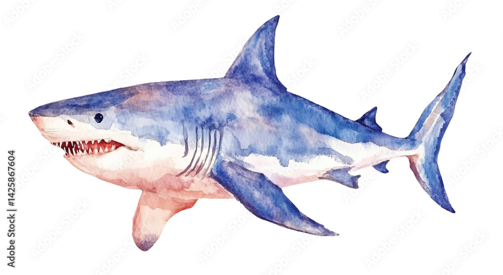 Fototapeta premium shark watercolor vector illustration, underwater ocean animal art isolated on white background