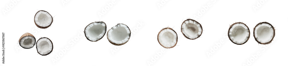 Fresh halved coconuts with shells displaying white flesh in various arrangements, cut out - stock png. Fresh halved coconuts with shells displaying white flesh in various arrangements, cut out - stock png.