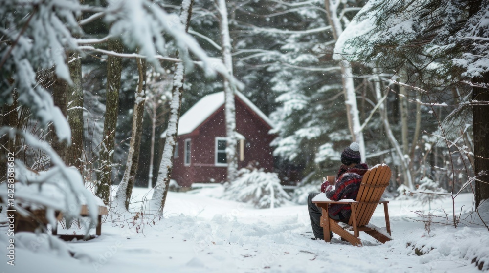 A snowy outdoor setting with a person wrapped in a scarf, holding a cup of hot chocolate while surrounded by snow-covered trees. A snowy outdoor setting with a person wrapped in a scarf, holding a cup of hot chocolate while surrounded by snow-covered trees.