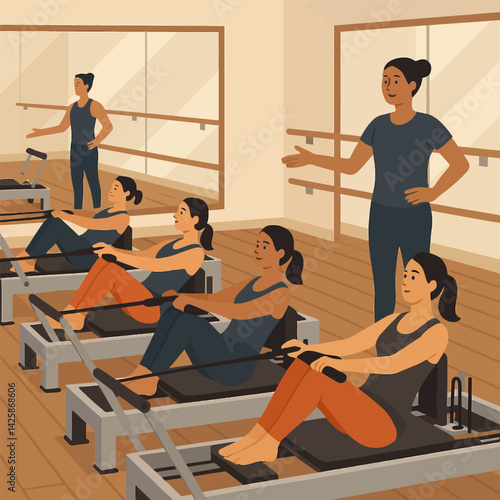 Women Exercising on Pilates Machines in Studio with Instructor Present