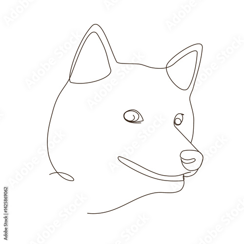 Line art of close up smiling Shiba inu head. happy portrait hunting dog japan fox