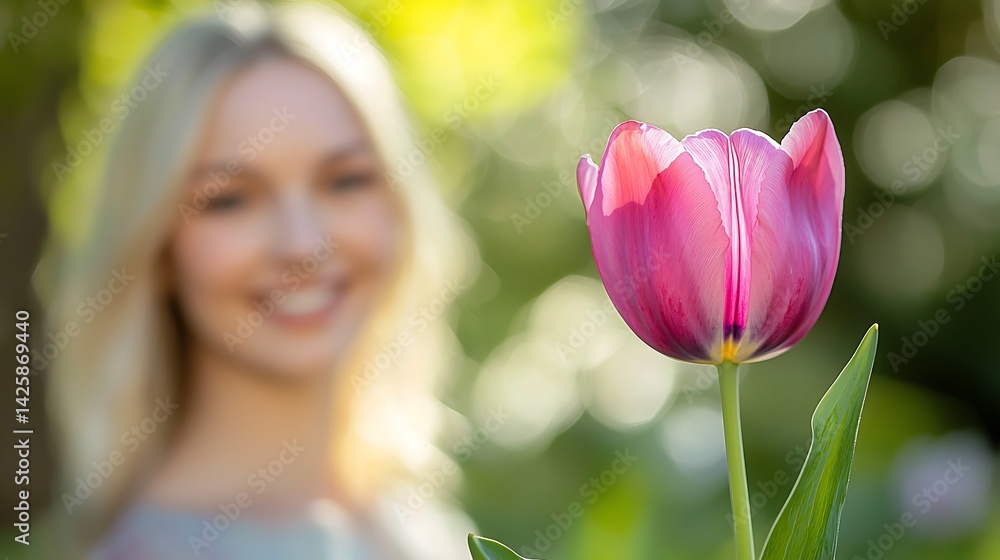 Fototapeta premium A Purple Tulip and a Blurry Woman in the Background