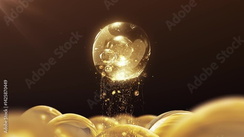 Golden essence ball gradually rises into the air, anti-aging and anti-wrinkle, repairing damaged skin, conceptual skin care and beauty solution. Cosmetic ads, 3D animation.