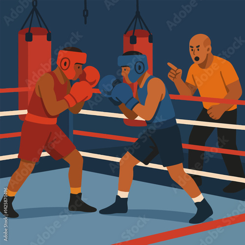 Two Boxers Fighting in Ring Under Referee Supervision and Punching Bag