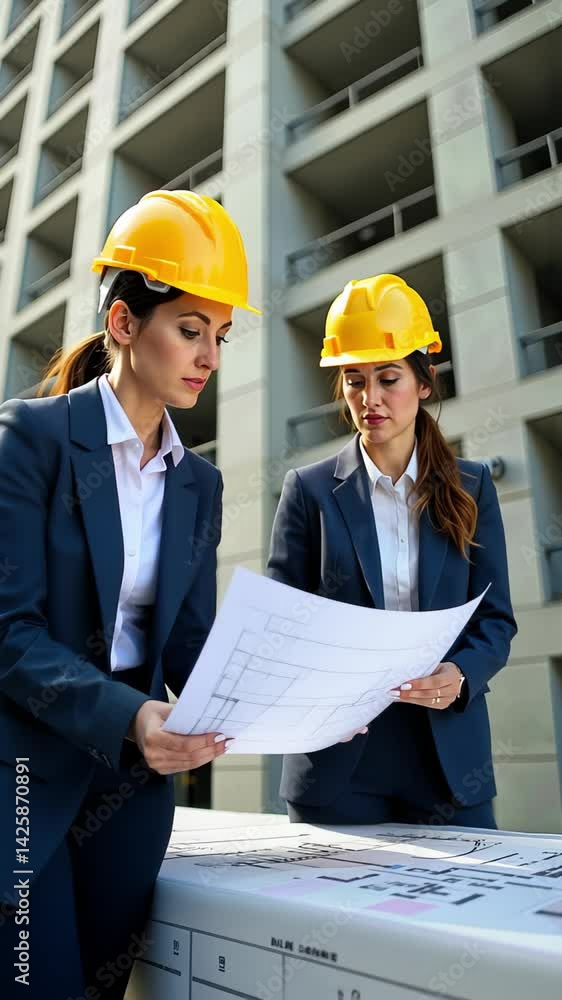Female architects analyzing blueprints at construction site Female architects analyzing blueprints at construction site
