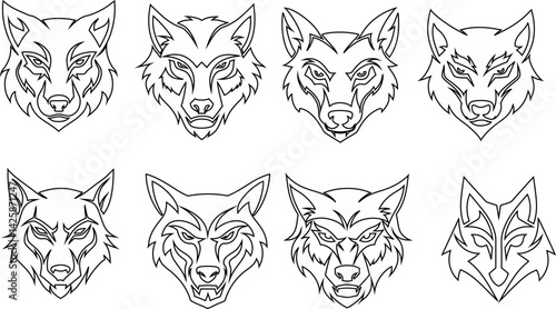 Wolf head line vector icon set, flat design collection, wild animal symbols, fierce predator logos, canine illustrations, mascot outline graphic bundle. pack