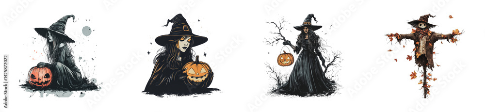 Halloween witch and scarecrow illustrations with pumpkins and hats, cut out - stock png. Halloween witch and scarecrow illustrations with pumpkins and hats, cut out - stock png.