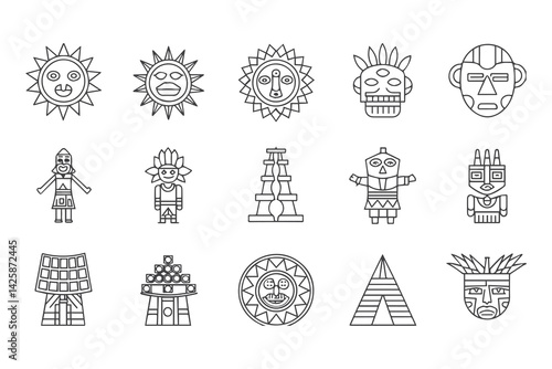 Inti Raymi Vector Icon Set. Inca Culture Line Art of Sun God, Rituals, Andean Traditions, Ancient Symbols and Festive Illustrations for Heritage and History Themes