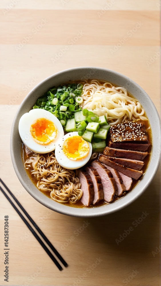 Delicious and Nutritious Ramen Bowl with Soft Boiled Egg, Grilled Pork, and Fresh Vegetables on a Wooden Table Delicious and Nutritious Ramen Bowl with Soft Boiled Egg, Grilled Pork, and Fresh Vegetables on a Wooden Table