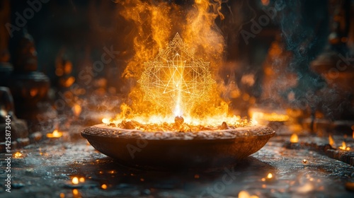 Sacred fire ritual, geometric symbol, temple, burning incense