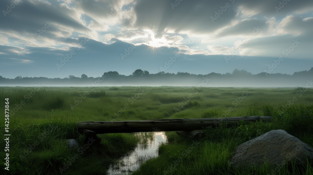 Fototapeta premium Serene landscape with misty morning light and tranquil stream
