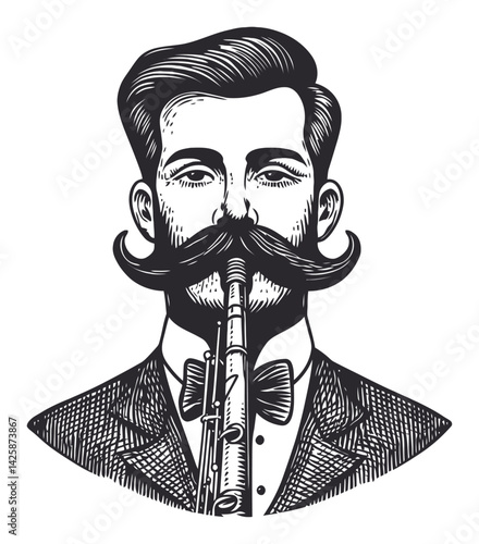 Vintage Illustration of a Man with a Flute and a Mustache in Suit