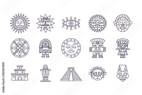 Inti Raymi Vector Icon Set. Inca Culture Line Art of Sun God, Rituals, Andean Traditions, Ancient Symbols and Festive Illustrations for Heritage and History Themes