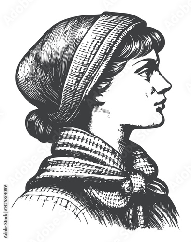 Vintage Hand-Drawn Illustration of a Woman in Profile View