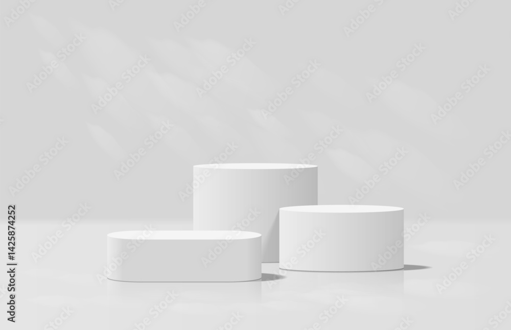 Soft realistic white 3d cylinder podium and round pedestal with light shining on wall and ground. 3D vector stage for product mockup. Geometric platform. Minimal scene for product promotion. Soft realistic white 3d cylinder podium and round pedestal with light shining on wall and ground. 3D vector stage for product mockup. Geometric platform. Minimal scene for product promotion.