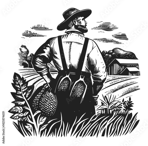 Detailed Hand-Drawn Illustration of Farmer in Rustic Landscape