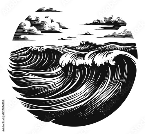 Hand-Drawn Illustration of Wild Ocean Waves and Dramatic Sky Elements