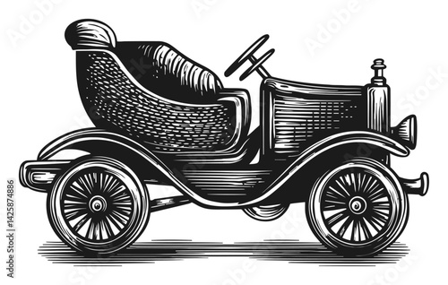 Hand Drawn Vintage Car Illustration in Black and White Style