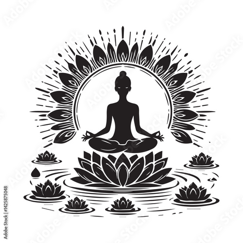 Yoga silhouette vector illustration of a woman in a lotus pose.