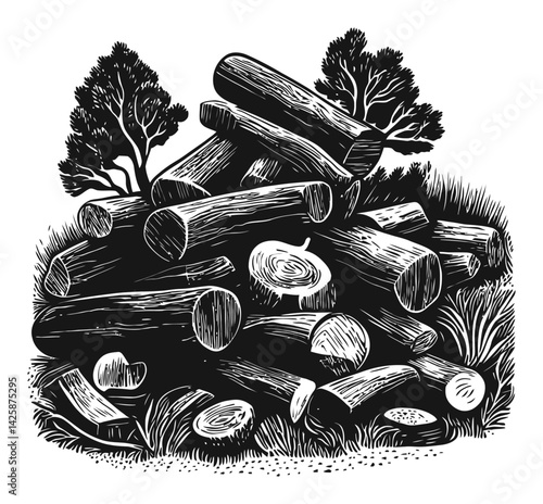 Black and White Hand-Drawn Illustration of Stacked Logs and Trees