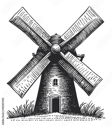 Vintage Hand-Drawn Illustration of a Classic Windmill Design