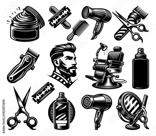 Different Barbershop tools set, Isolated On The white Background