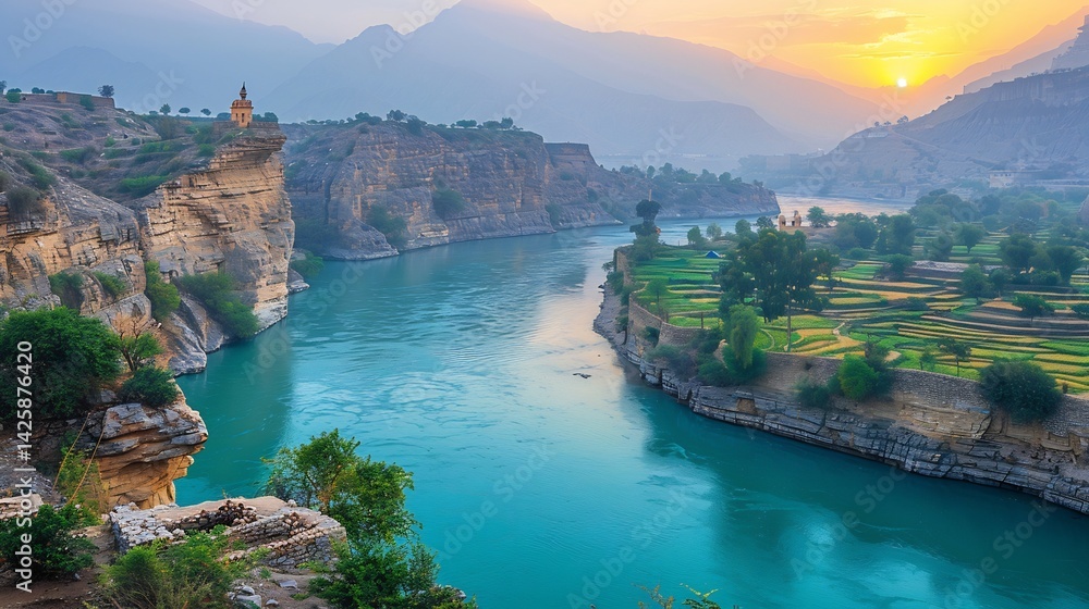 Fototapeta premium Indus River snaking through rugged Himalayan valleys with turquoise waters contrasting against jagged cliffs and ancient terraced farmlands along the banks