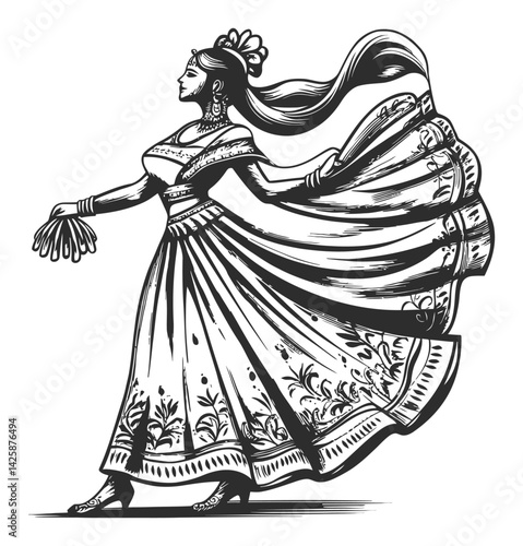 Elegant Hand-Drawn Illustration of a Traditional Dancer in Motion