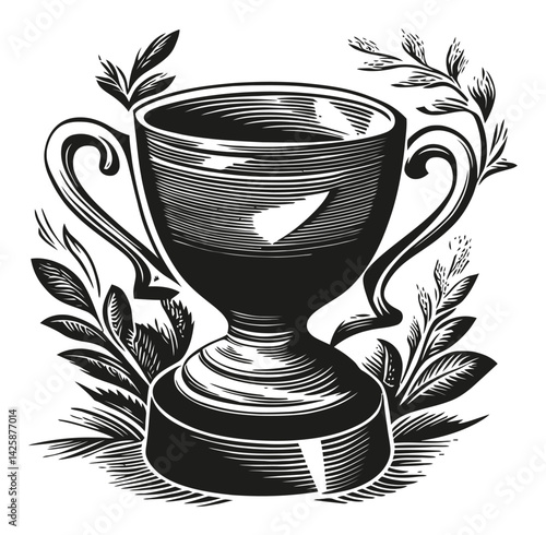Hand Drawn Trophy Illustration Surrounded by Leaves and Foliage